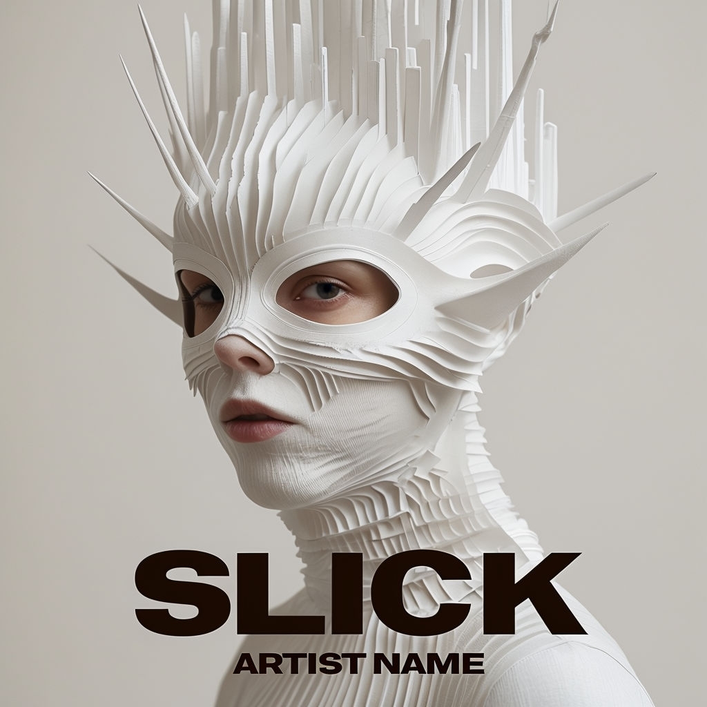 Futuristic Sculptural Headpiece Portrait with Slick Text Spotify Album Cover