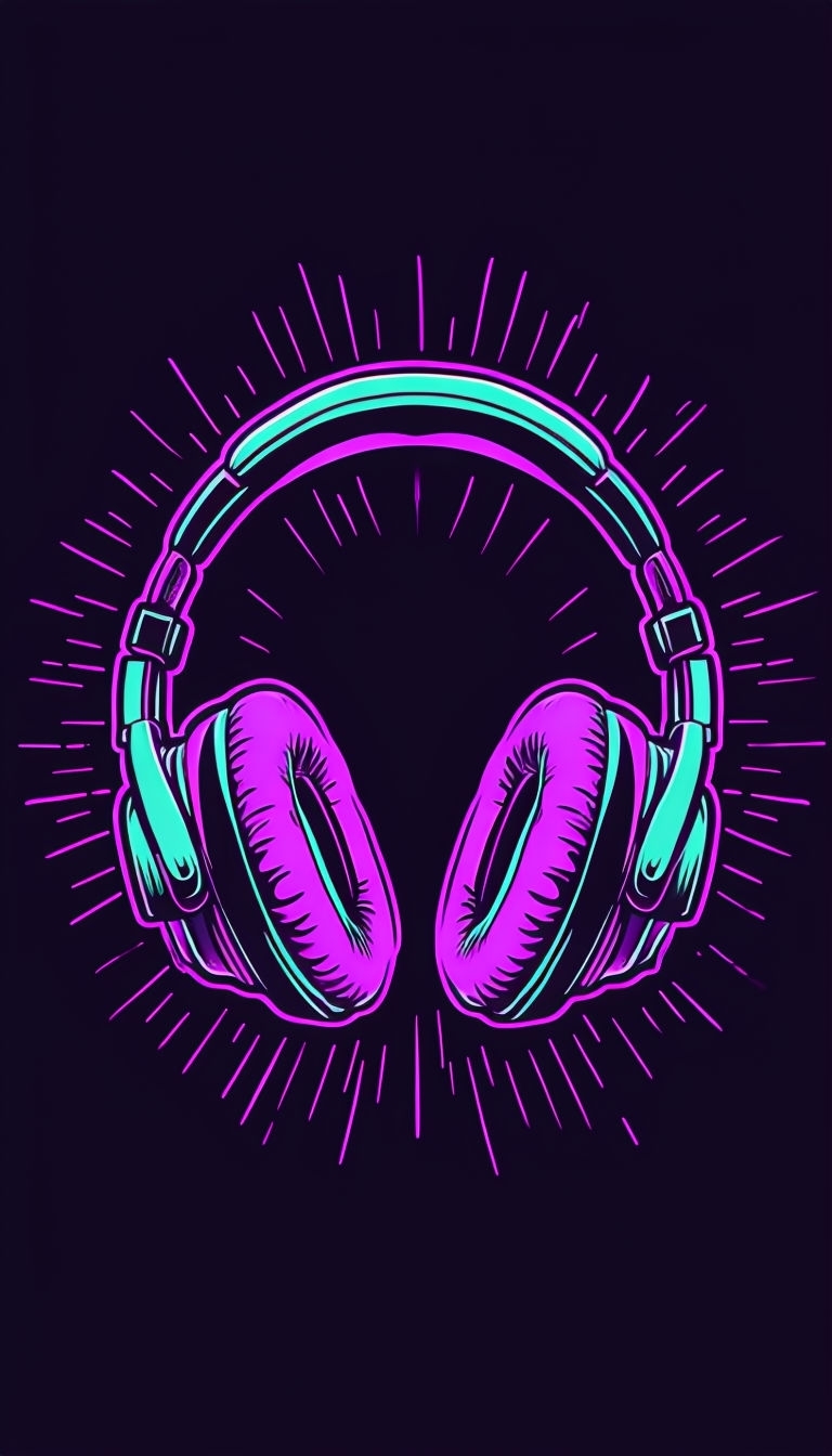 Neon Purple and Teal Cartoon Headphones with Sound Waves Mobile Wallpaper