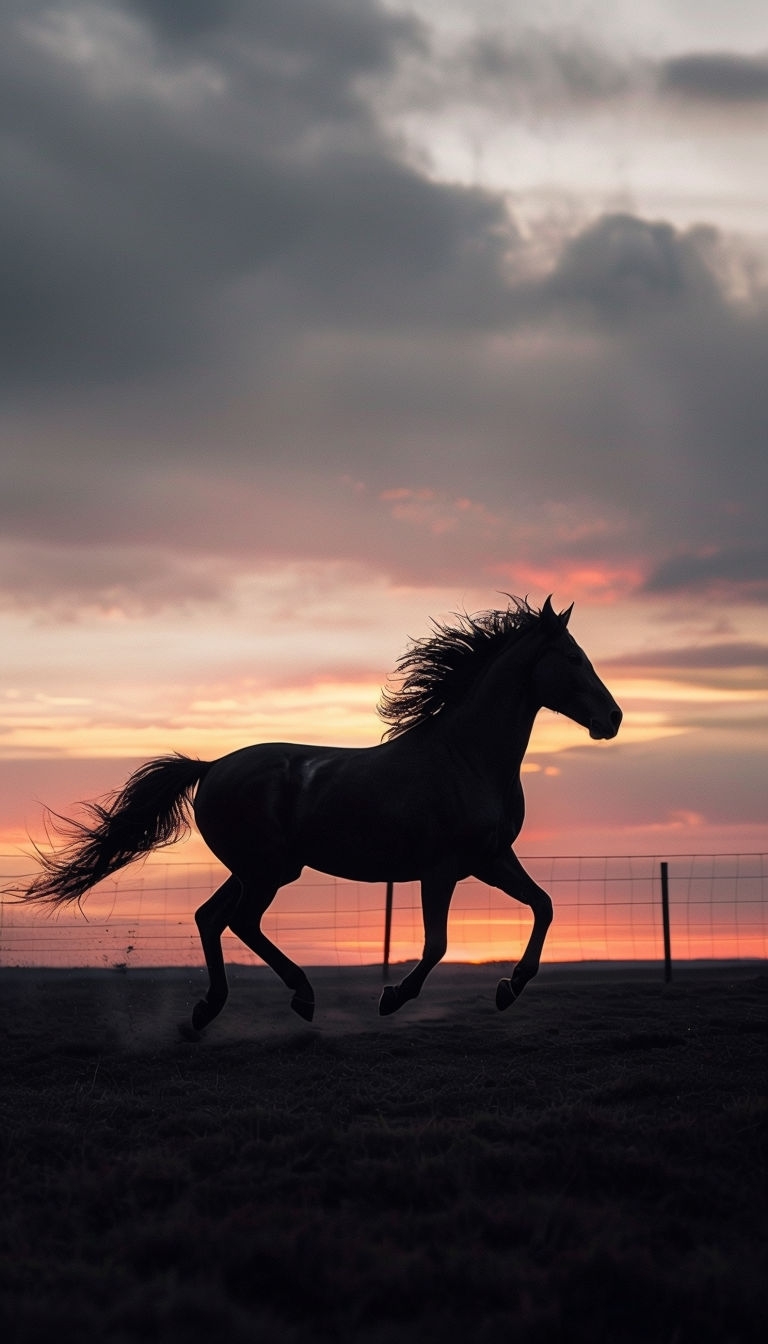 Majestic Black Horse Galloping Against Vibrant Sunset Sky Mobile Wallpaper