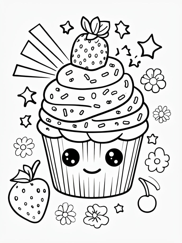 Whimsical Cartoon Cupcake Coloring Page Art