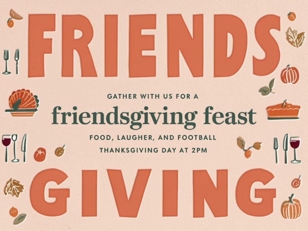 Cheerful Vintage Friendsgiving Invitation with Whimsical Illustrations Card