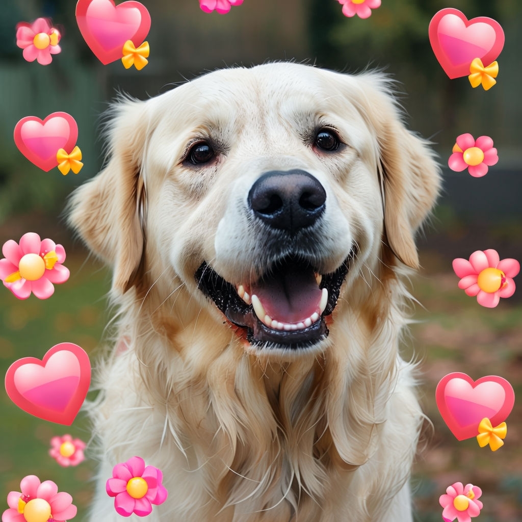Happy Golden Retriever Surrounded by Playful Emojis Sticker