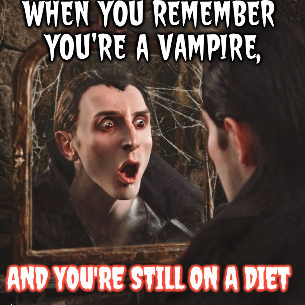 Hilarious Vampire Diet Meme with No Reflection in Dark Castle