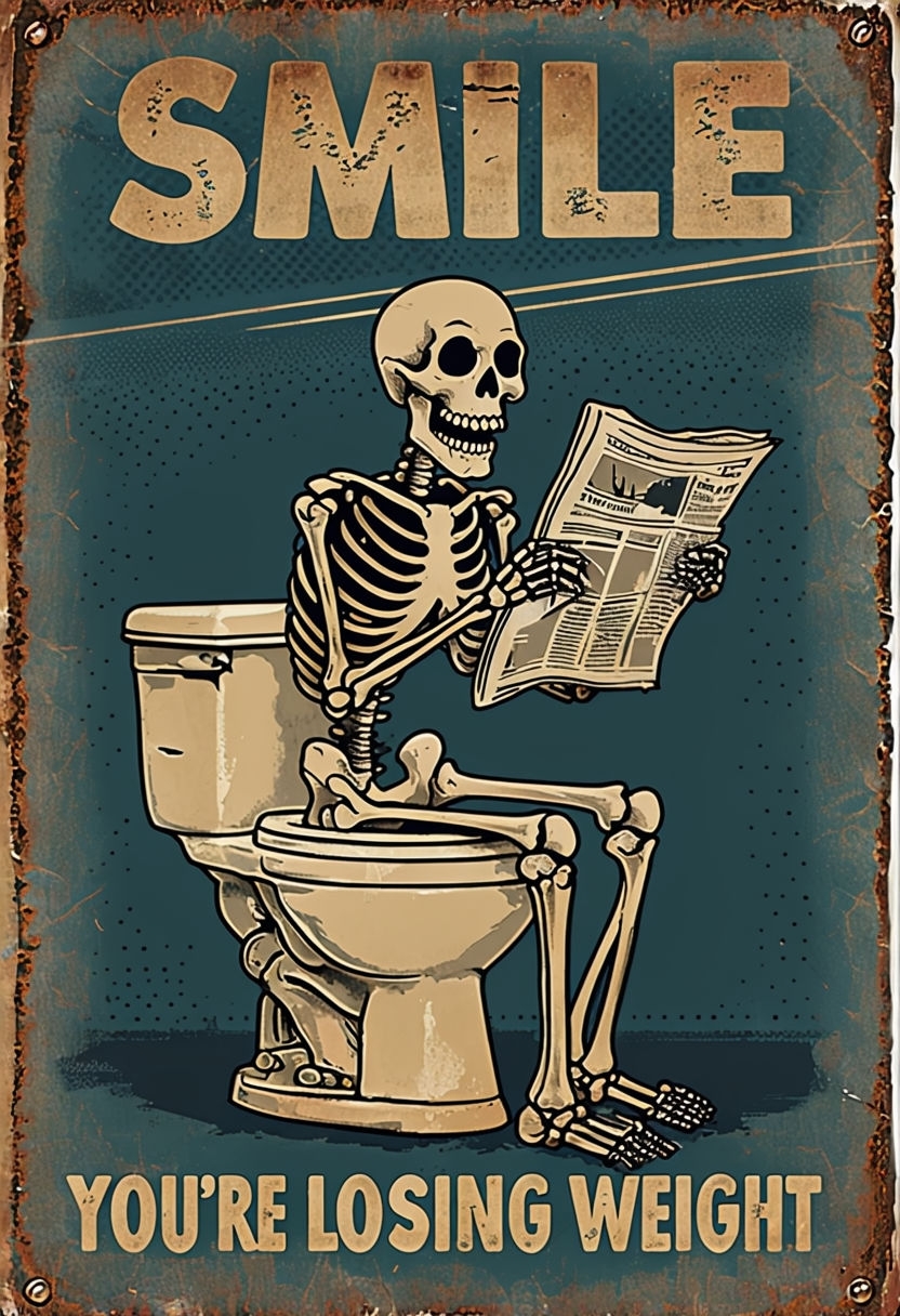 Humorous Vintage Skeleton on Toilet Reading Newspaper Poster