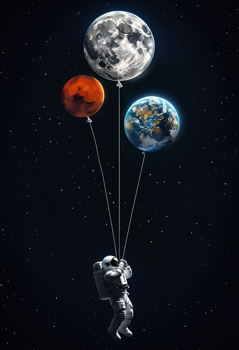 Surreal Astronaut Holding Planets as Balloons Digital Art Poster