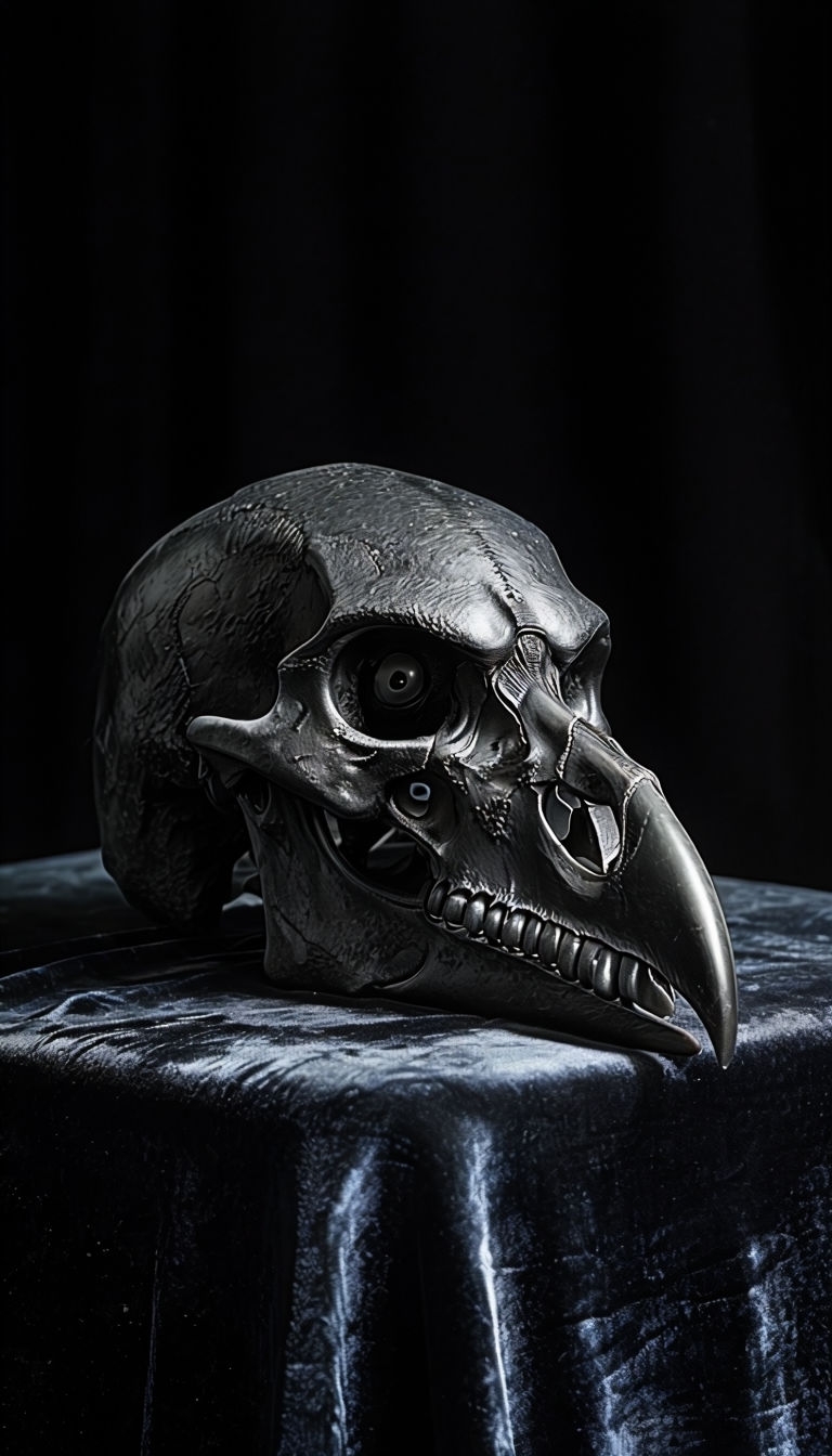 Realistic Black Crow Skull on Velvet Cloth Mobile Wallpaper