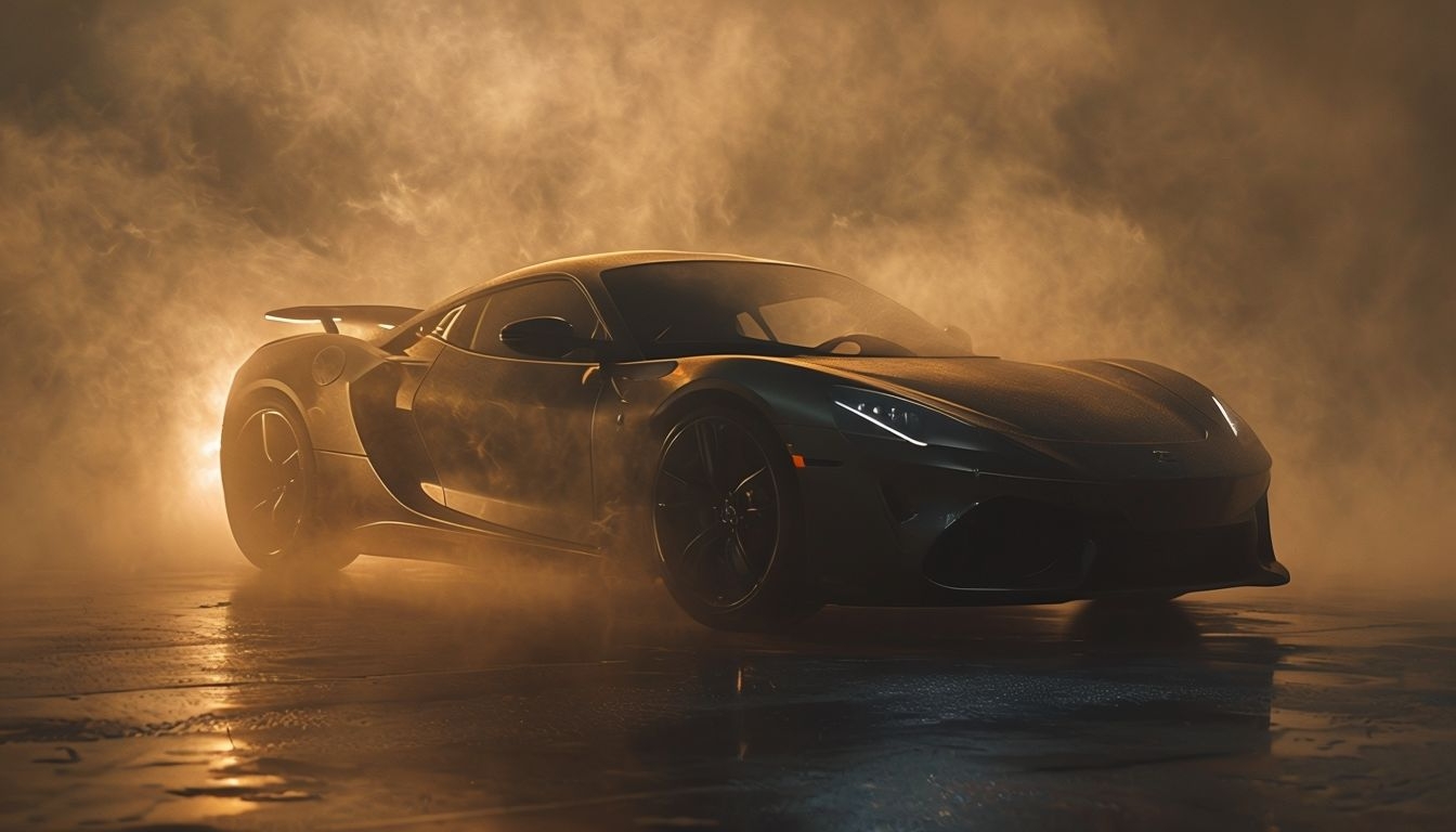 Sleek High-Performance Sports Car in Amber Smoke Background Virtual Backgrounds