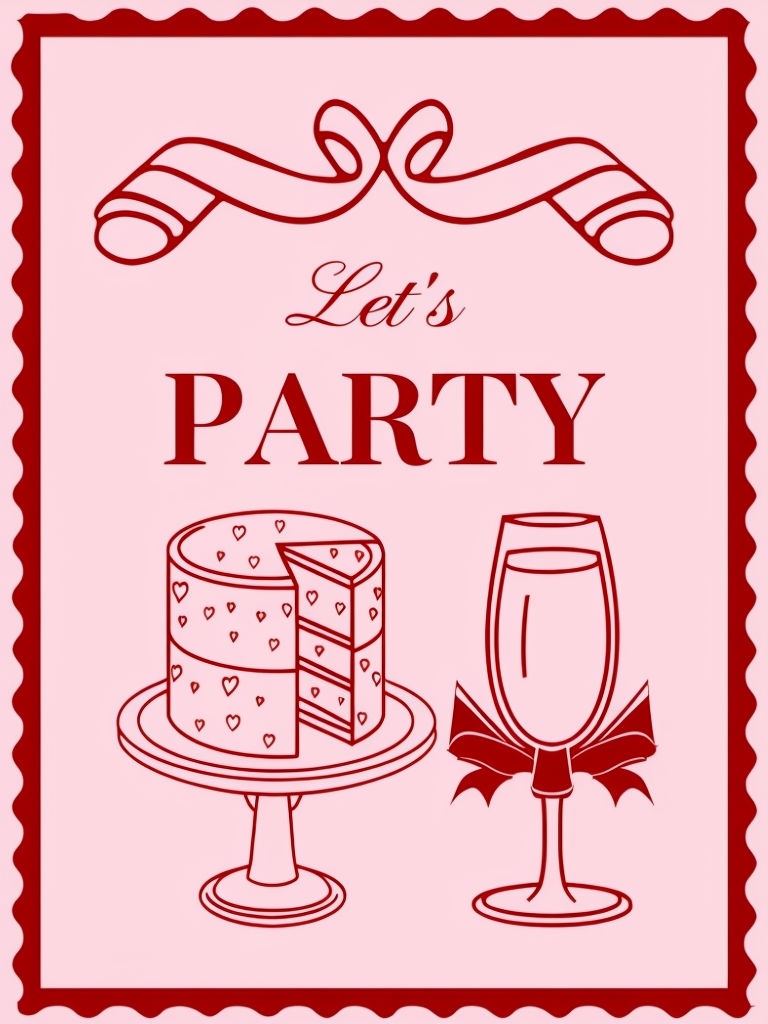 Elegant Let's Party Invitation with Cake and Champagne Glass Card 