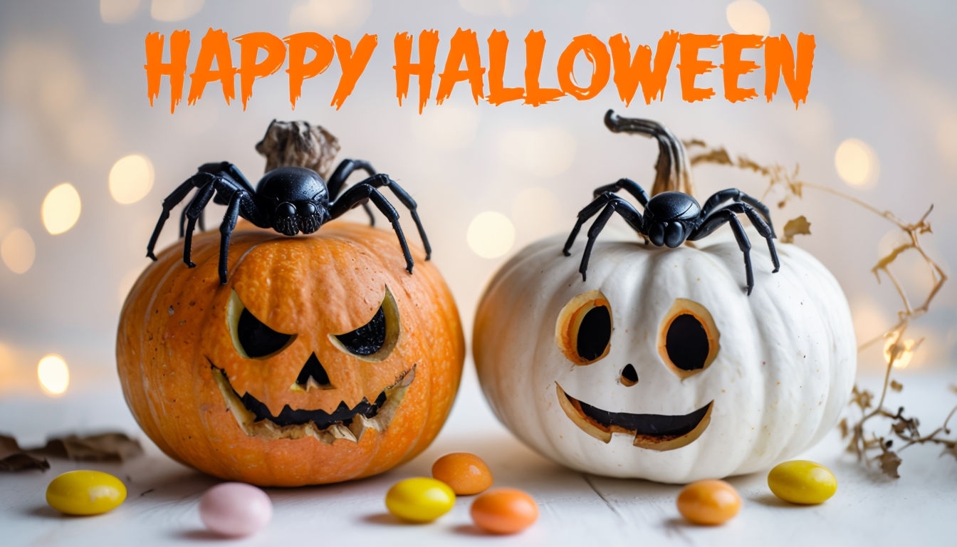 Festive Halloween Pumpkin Scene with Spiders and Candy Art