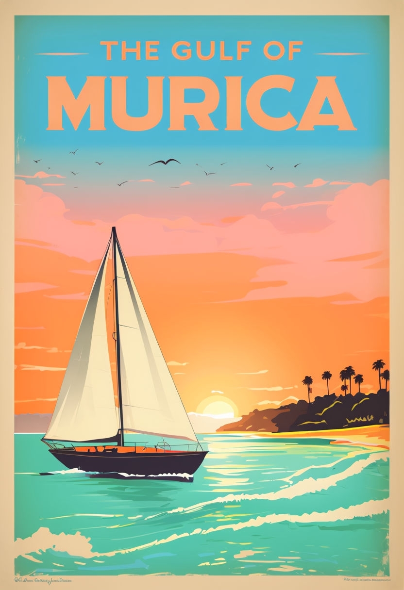 Vibrant Vintage Gulf Coast Travel Poster with Sailboat Sunset