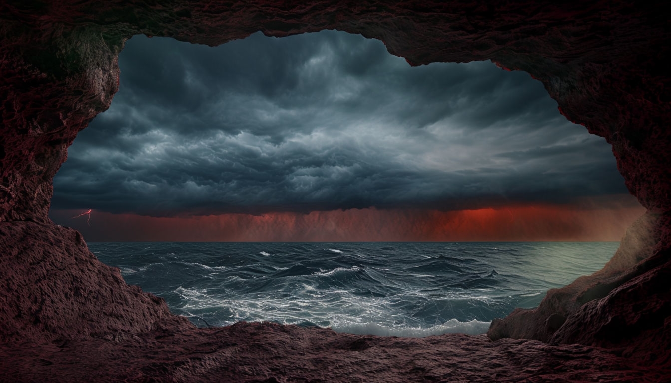 Realistic Cave Mouth View of Turbulent Sea and Stormy Sky Virtual Background