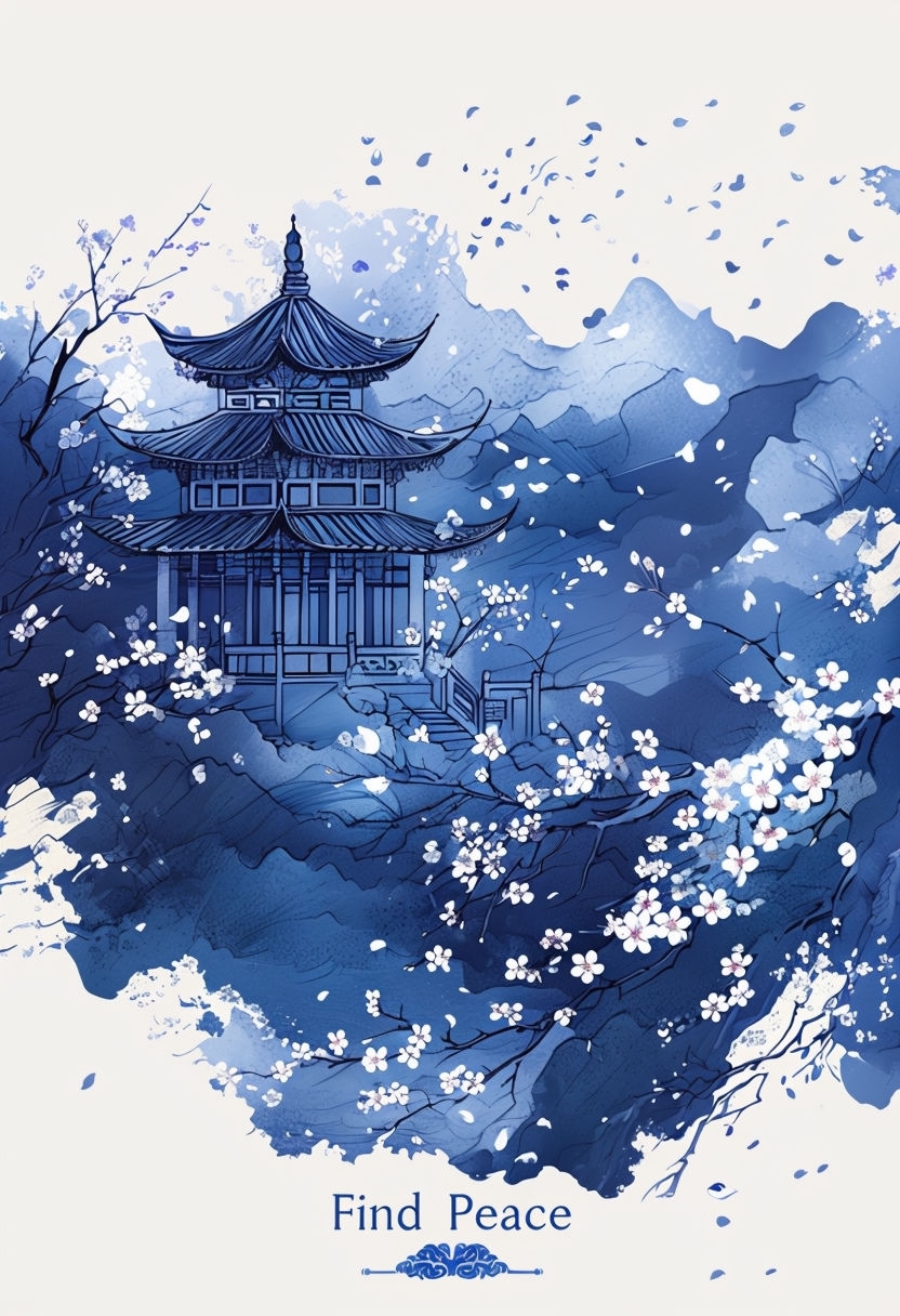 Serene Cherry Blossom Pagoda Landscape with Calligraphy Poster