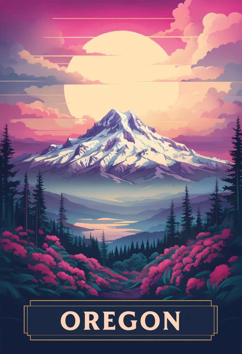 Vintage Oregon Landscape with Mount Hood Digital Painting Poster ...