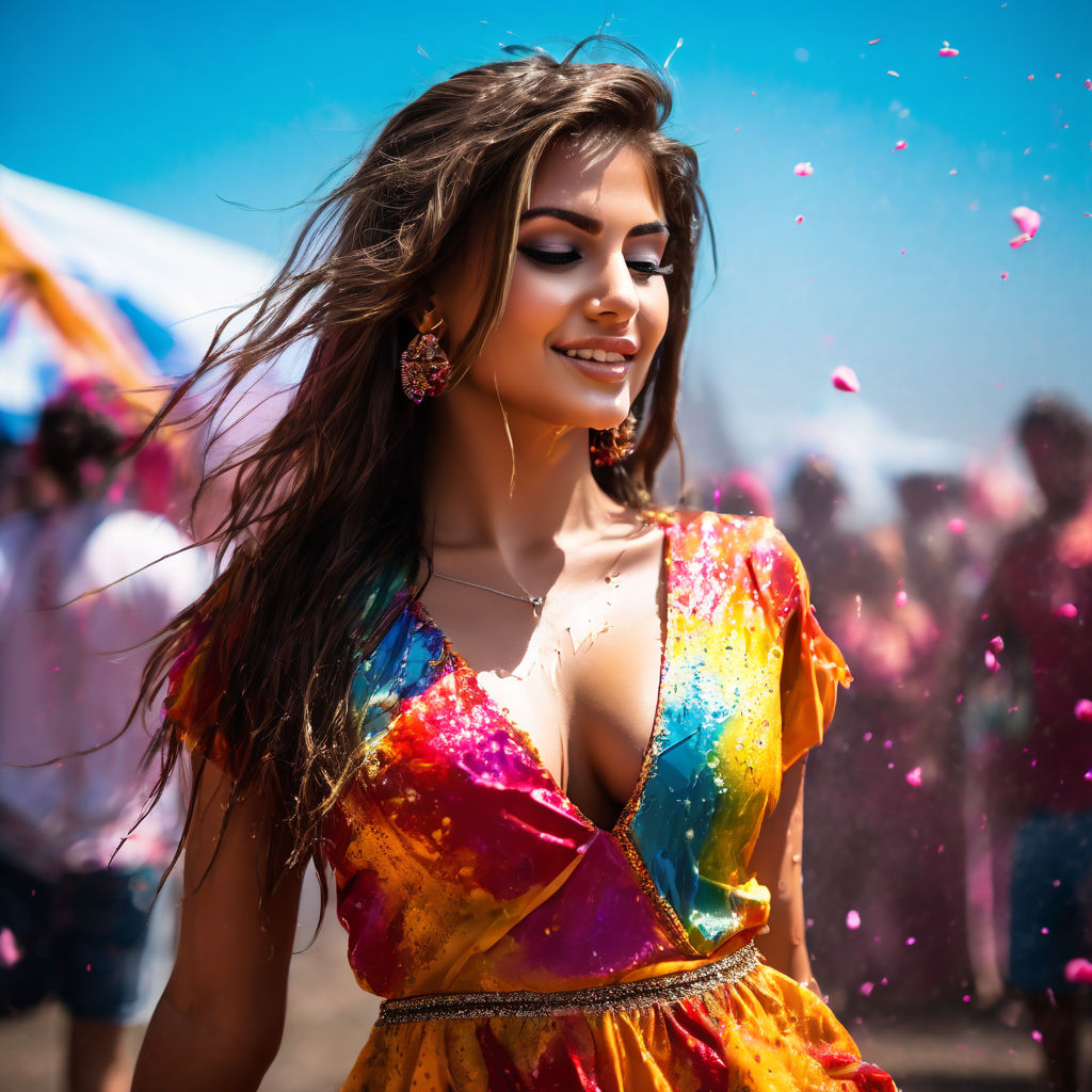 Most Beautiful young seductivewoman playing holi with powder colours on  street