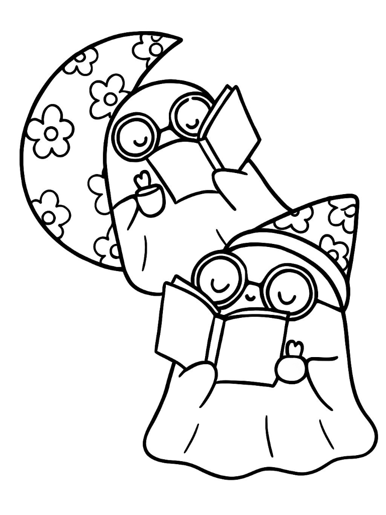 Cute Cartoon Ghost Characters with Floral Patterns Coloring Book Page