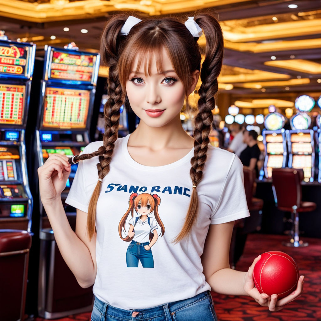  in anime style In the casino there is a Girl with long pigtails on her head, wearing a white T-shirt  with picture and jeans, she holds ball in hand 