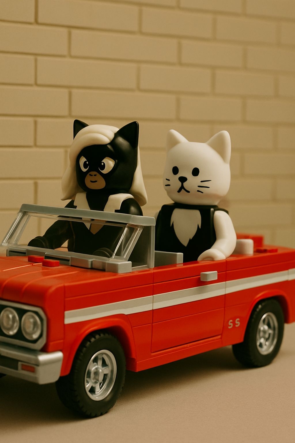 Playful LEGO Cat Minifigures in Red Convertible Car Art