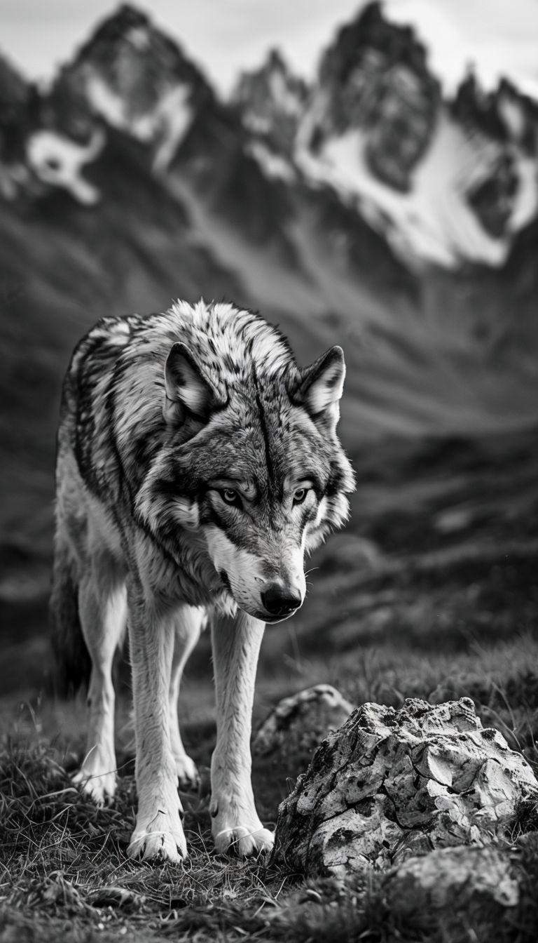 Majestic Black and White Wolf in Grassy Landscape Mobile Wallpaper