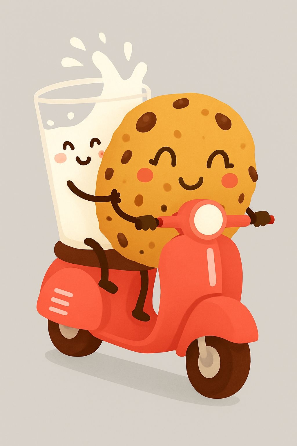 Cheerful Cartoon Cookie and Milk Scooter Adventure Poster