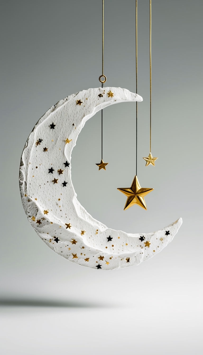 Textured White Crescent Moon with Stars Minimalist Mobile Wallpaper