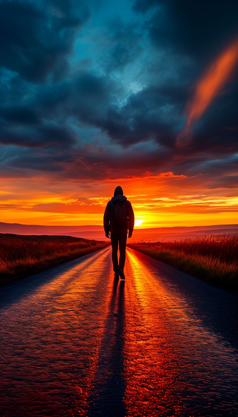 Lone Figure Walking on Dark Asphalt Road at Sunset Mobile Wallpaper