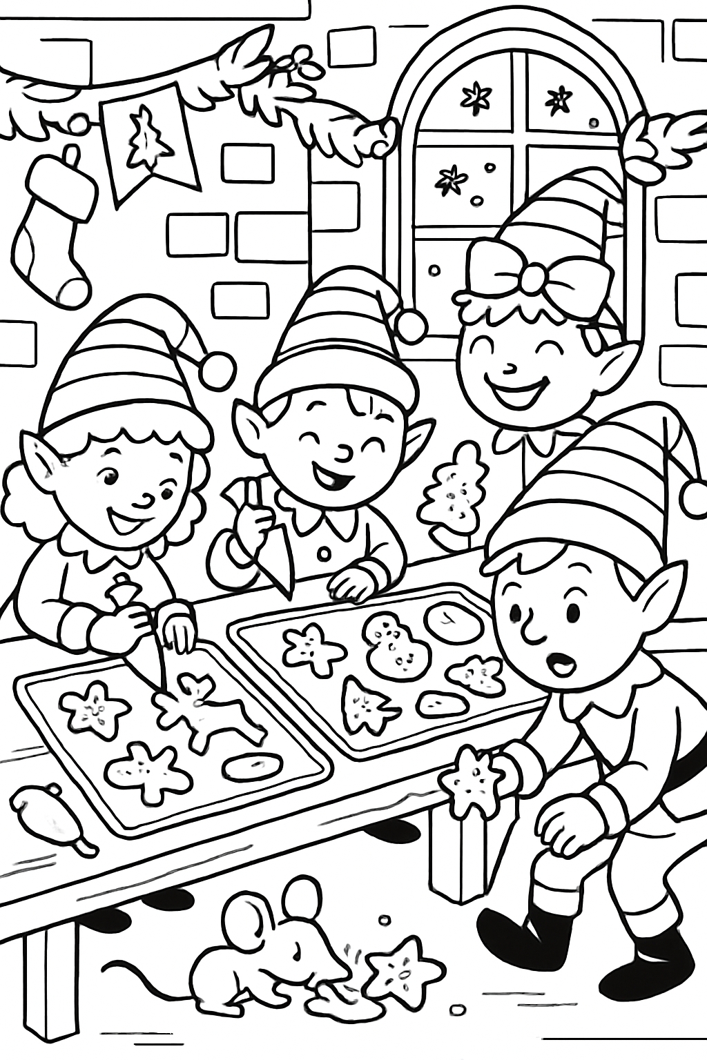 Cheerful Elves Baking Cookies in Festive Kitchen Coloring Page