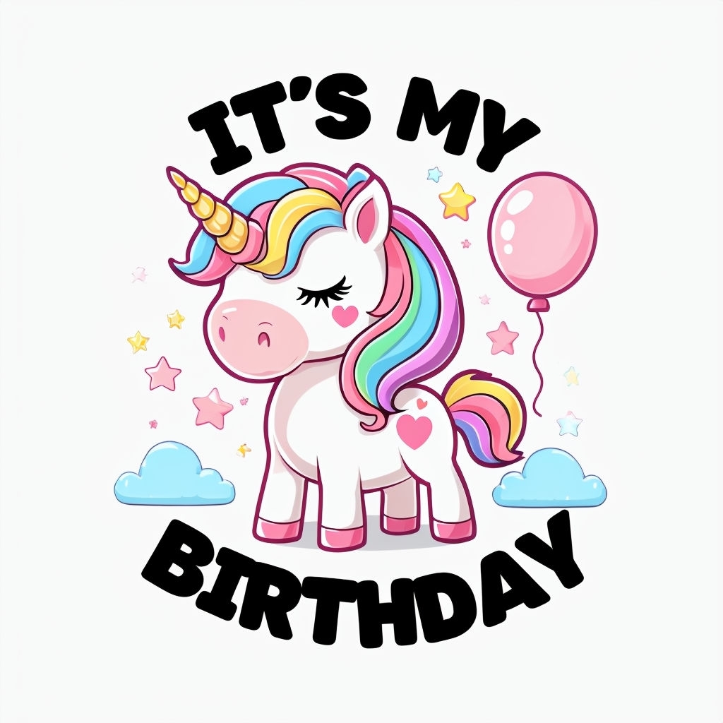 Cute Cartoon Unicorn Birthday Celebration Art with Pastel Colors