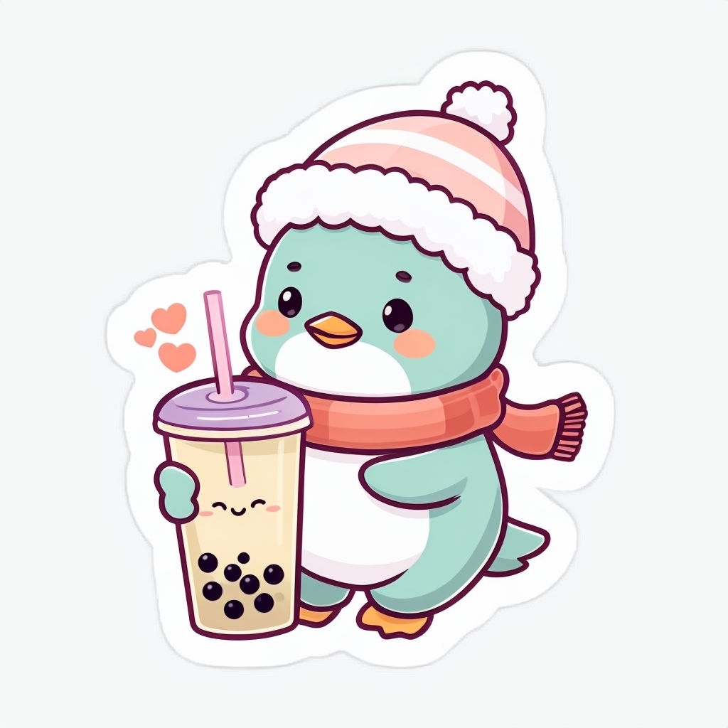 Cheerful Winter Penguin with Bubble Tea Cute Sticker