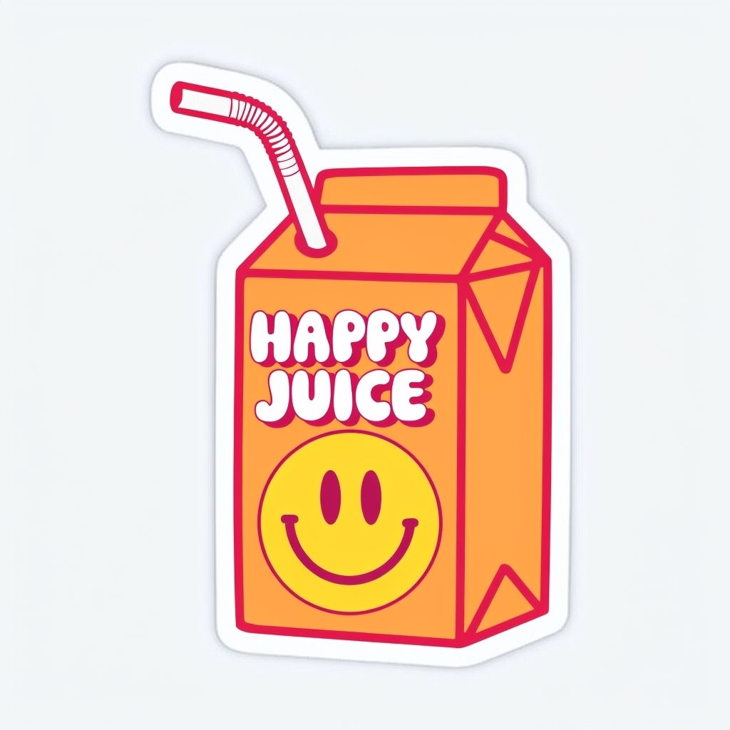 Cheerful Happy Juice Cartoon Sticker Design with Smiley Face