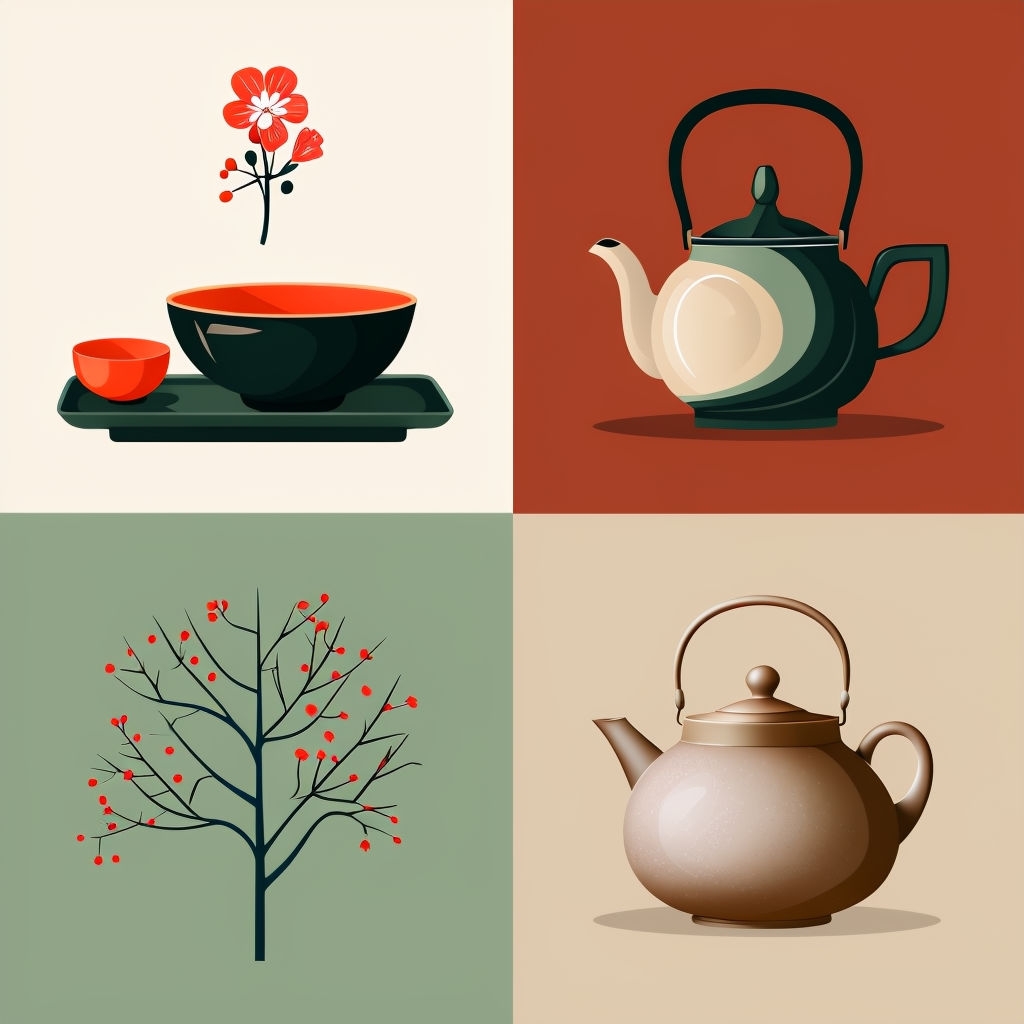 Minimalist Quadrant Illustration with Teapots and Flowers Sticker