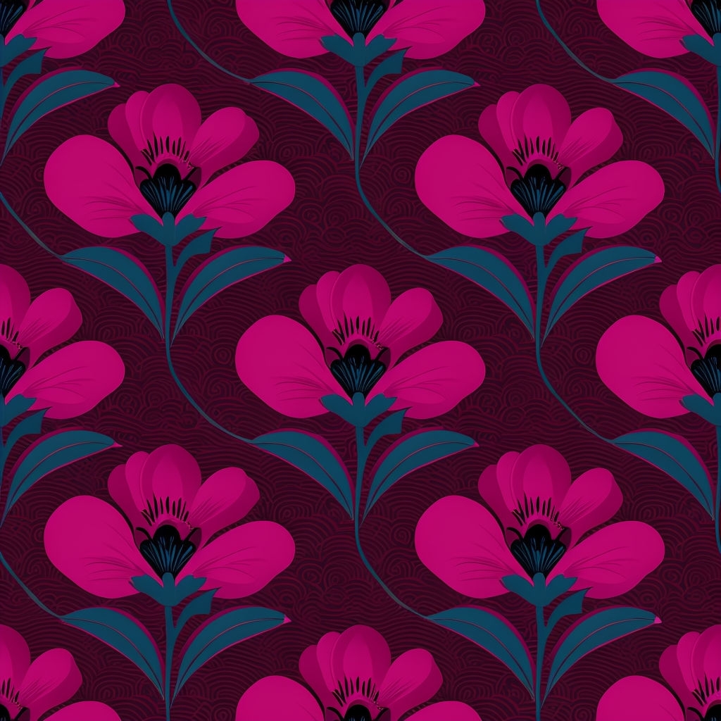 Vibrant Magenta Floral Pattern with Dark Teal and Maroon Background Seamless Pattern