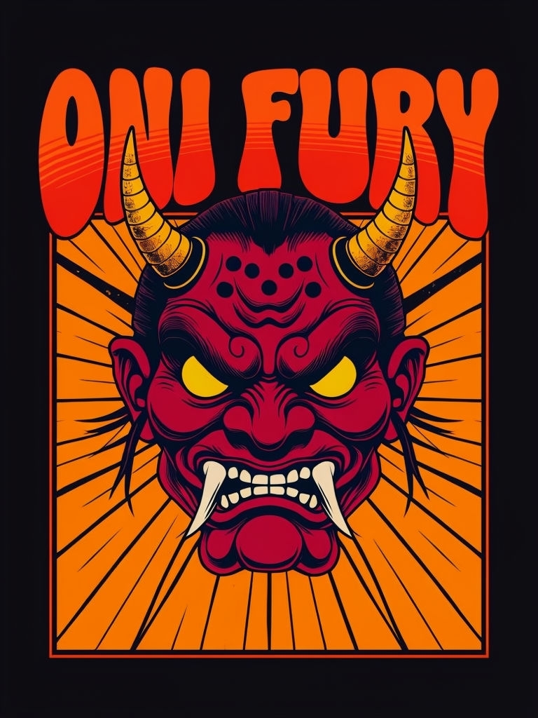 Katairin Oni Fury Retro Japanese Demon Mask T-Shirt