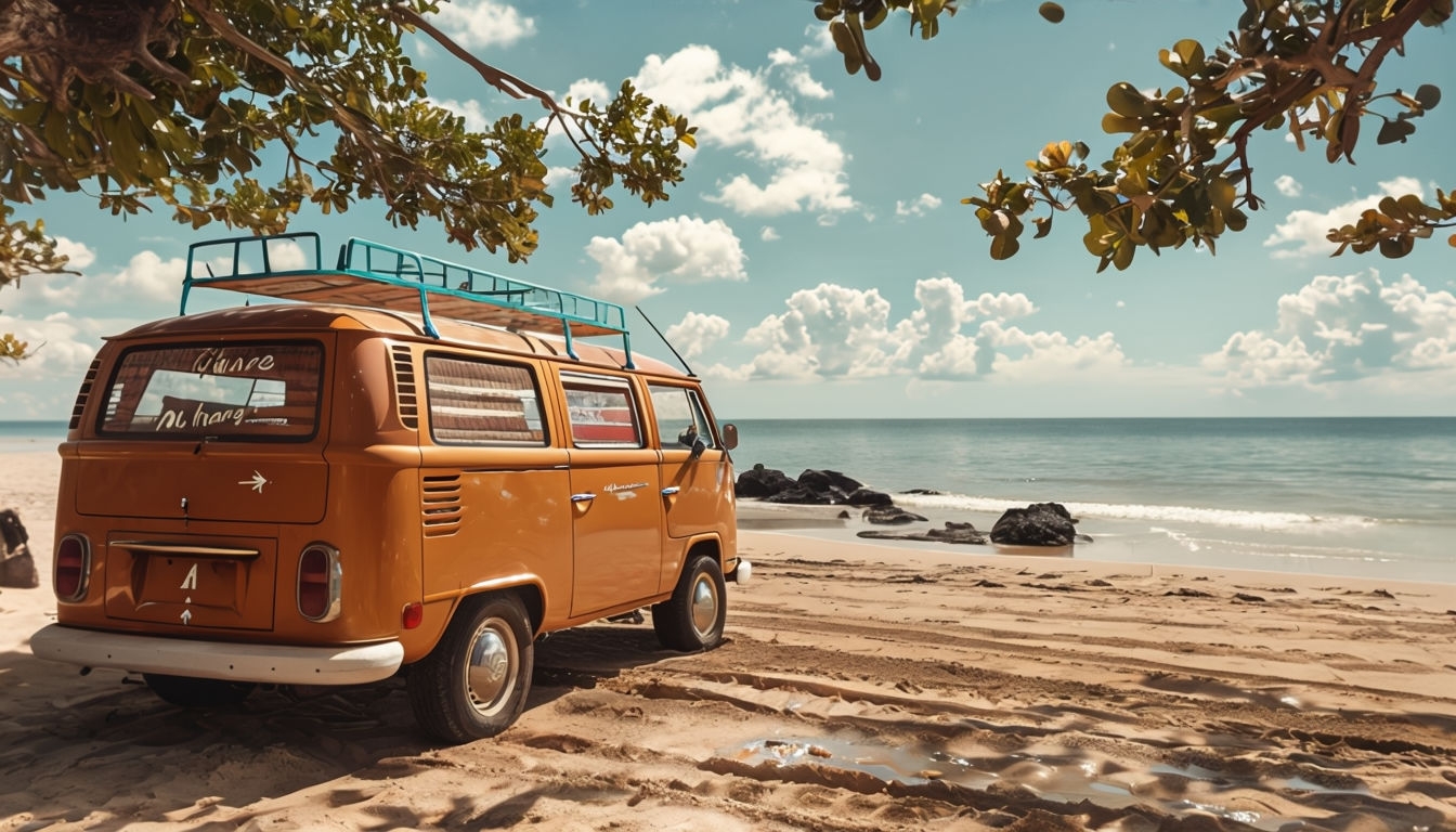 Vintage Orange Volkswagen Van Beach Scene Virtual Background