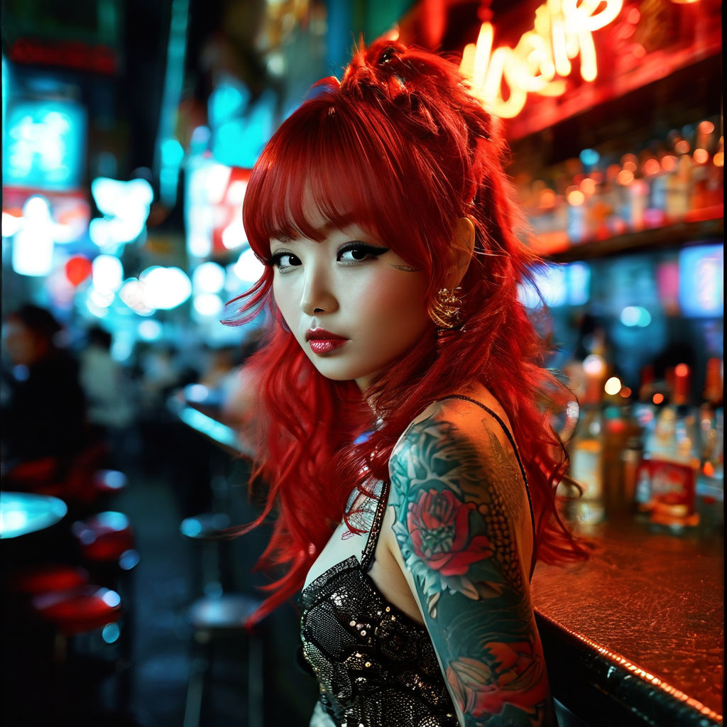 beautiful young woman with red hair and tattooed arms