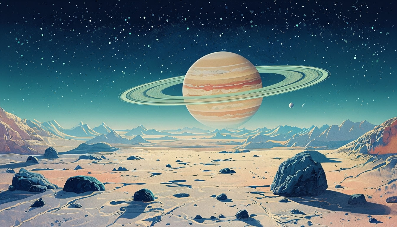 Surreal Alien Landscape with Distant Mountains and Stars Background