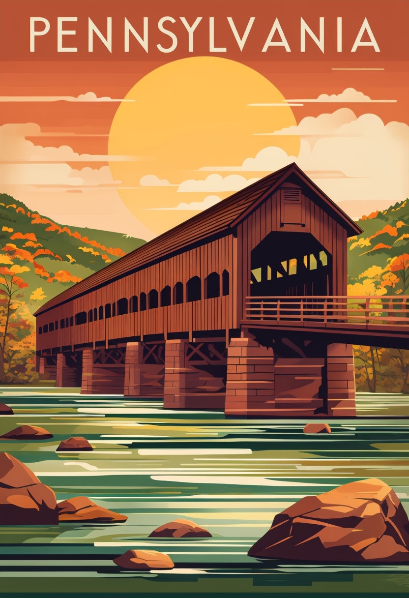 Vintage Pennsylvania Covered Bridge Travel Poster Design