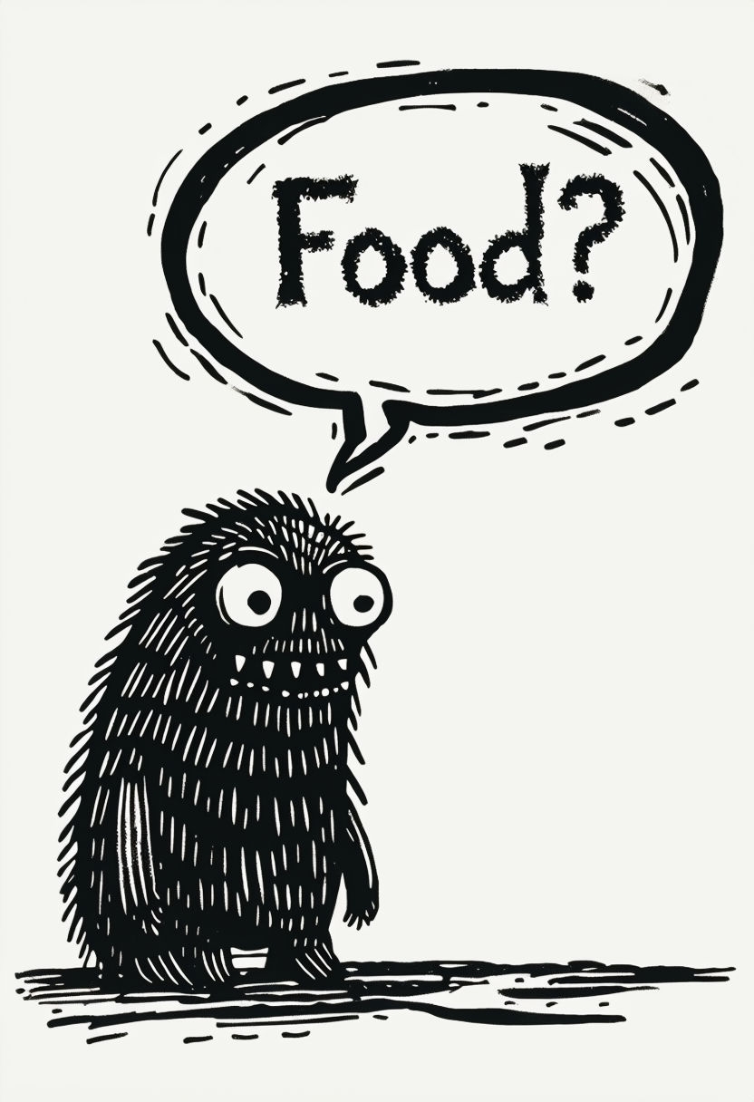 Playful Whimsical Monster with Funny Food Speech Bubble T-shirt