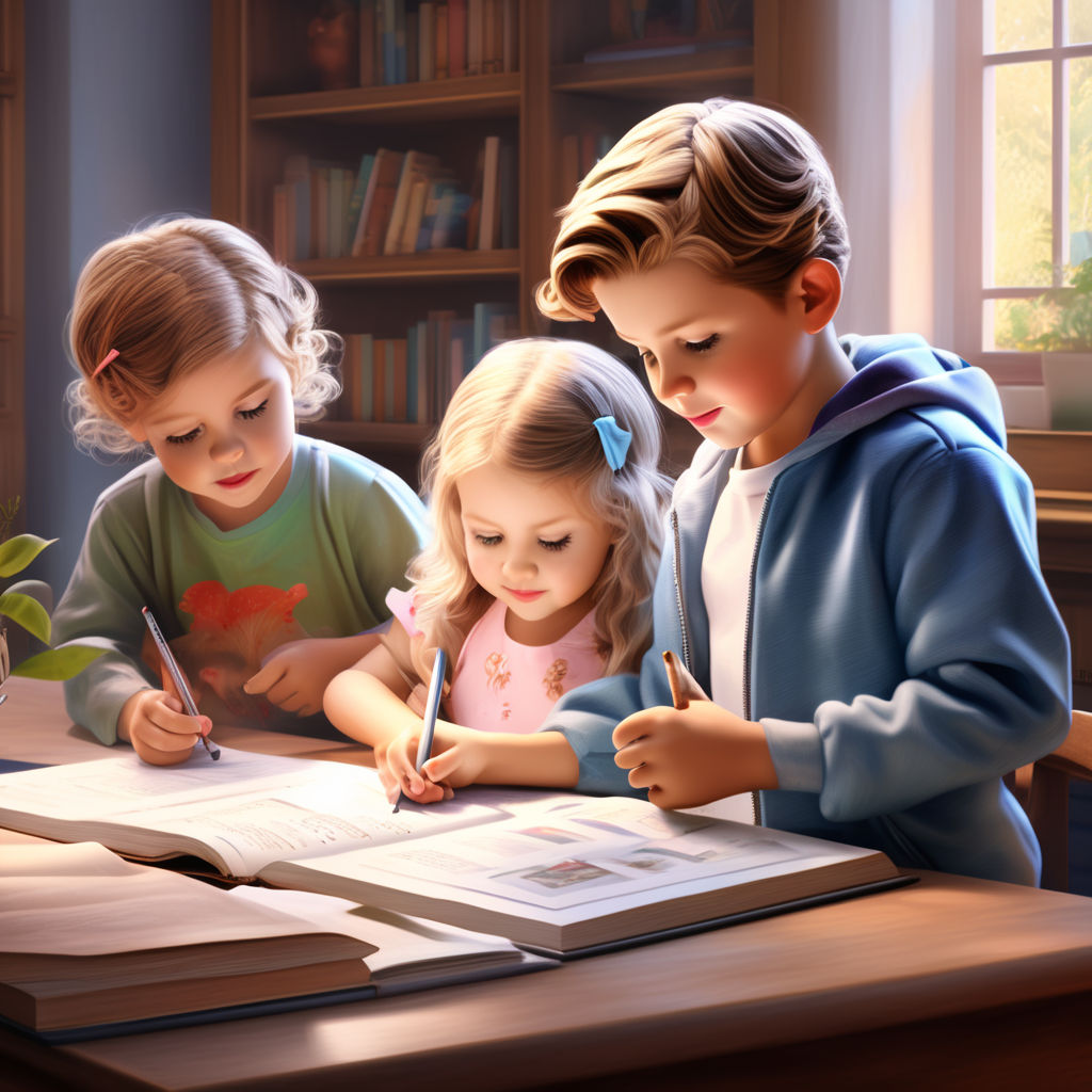 Create an realistic image of childrens studying by Imteyaj Ansari ...