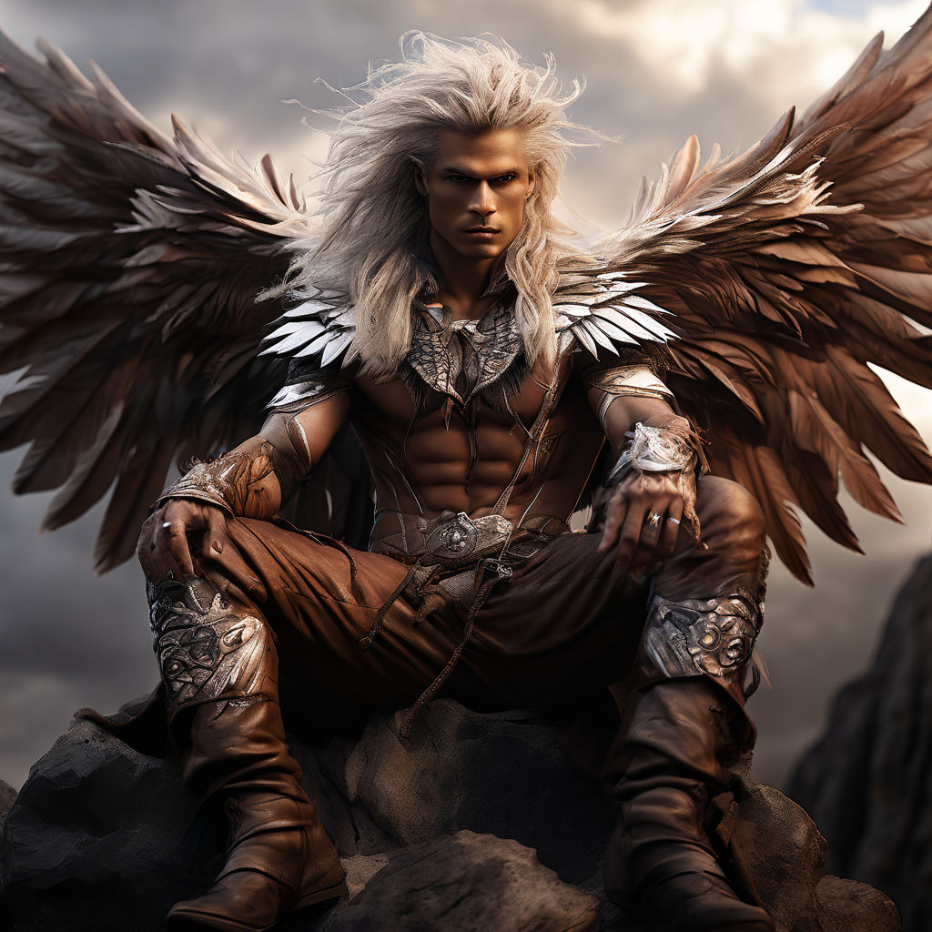 male angel warrior with wings in an apocalyptic New York City