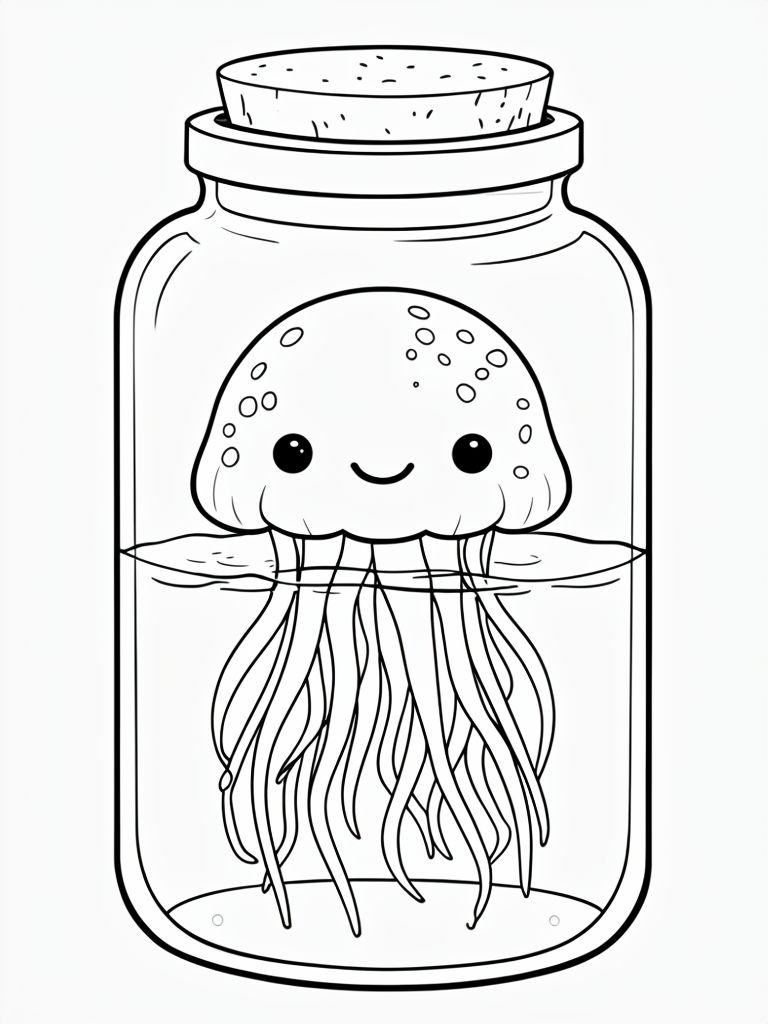 Cute Cartoon Jellyfish in a Jar Coloring Page