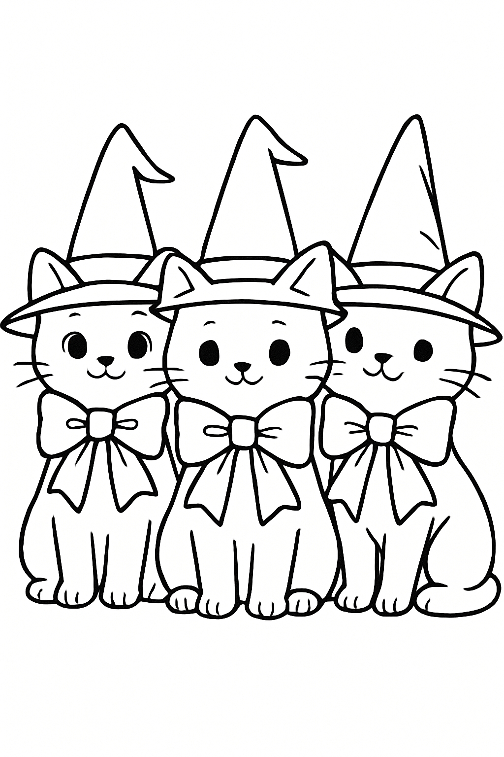 Adorable Cartoon Kittens in Witch Hats Halloween Illustration Coloring Book Pages
