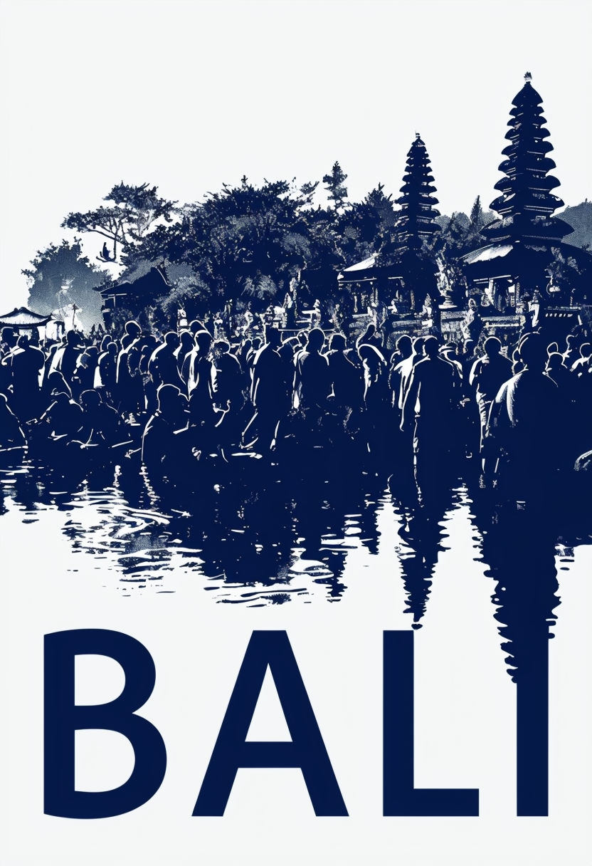 Navy Blue Bali Crowd Silhouette Minimalist Graphic Design Poster