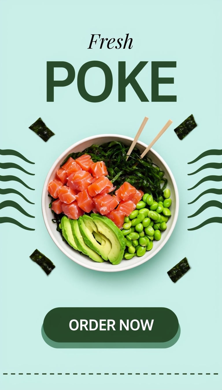 Vibrant Fresh Poke Bowl Social Media Advertisement Design Ads