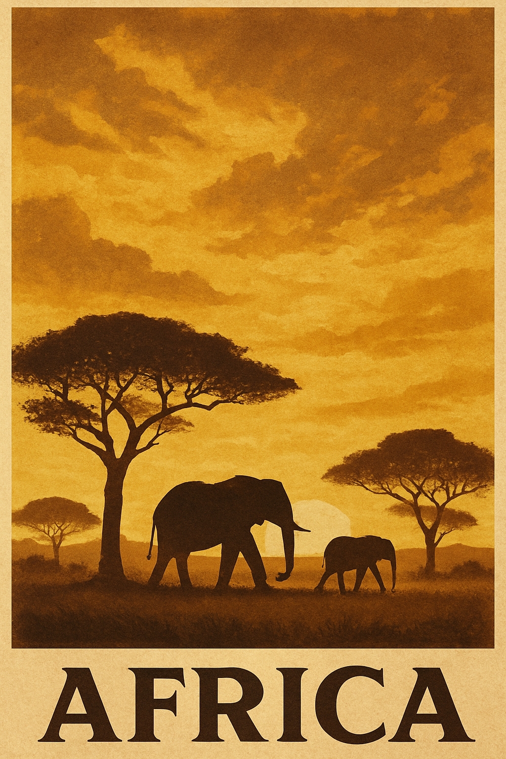 Vintage African Sunset Landscape with Elephants Travel Poster