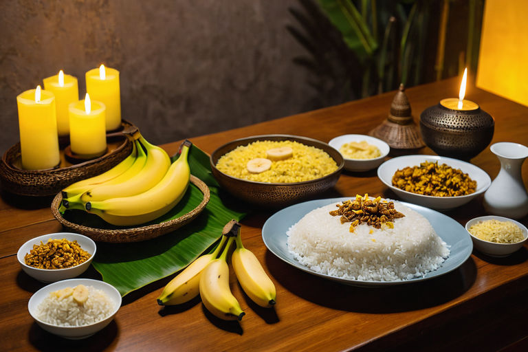 Eye-level photo of a Sinhala New Year dinner table by sdk game - Playground