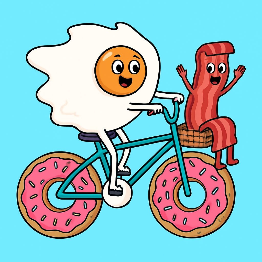 Whimsical Breakfast Characters Riding a Bicycle T-Shirt