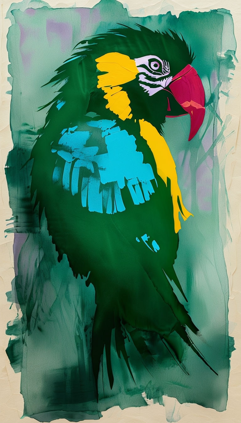 Vibrant Tropical Bird Monotype Artwork with Textural Details Art