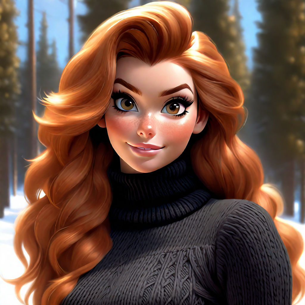 A thicc cartoon woman with middle lengthed ginger hair and a square head