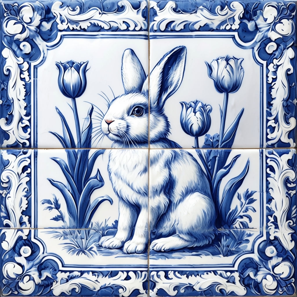 Elegant Cobalt Blue Rabbit Ceramic Tile Seamless Pattern