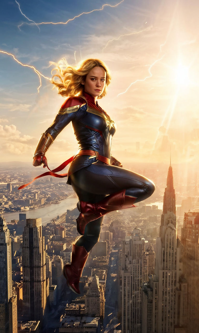 Sexy Captain Marvel with back of body standing at the avengers basement in  sharp and super realistic format